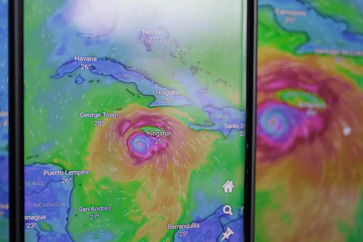 Hurricane Melissa shown on screen through windy app