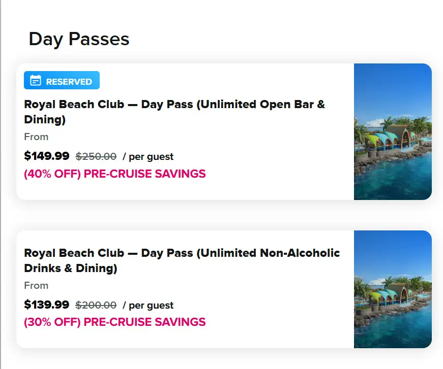 Royal Beach Club day passes