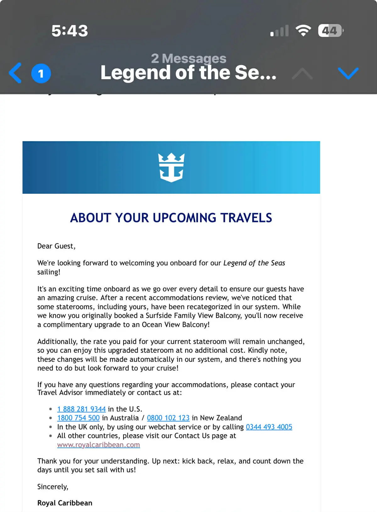 Email with cabin change