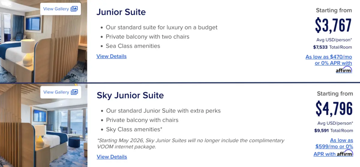 Junior Suite vs. Sky Junior Suite Price on Star of the Seas Junior Suite vs. Sky Junior Suite Price on Star of the Seas