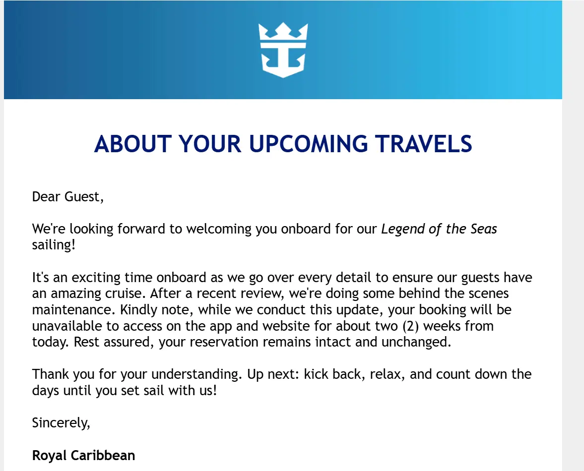 Email about reservations unavailable