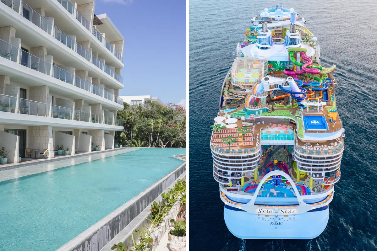 side by side image of an all inclusive resort and Star of the Seas cruise ship