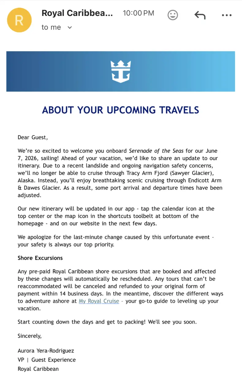 Tracy Arm Cancelation Email Tracy Arm Cancelation Email