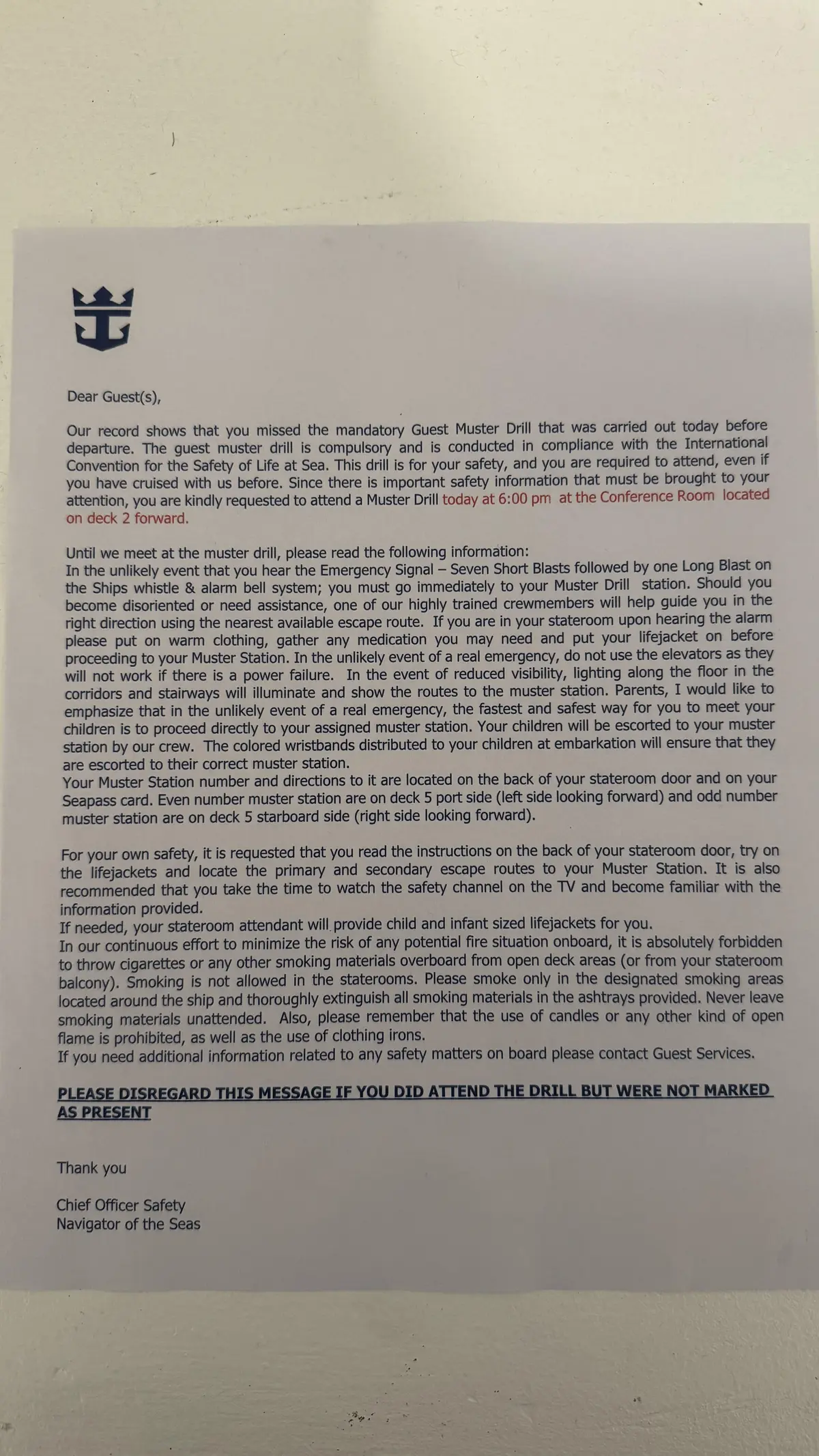 Incomplete muster drill letter Incomplete muster drill letter