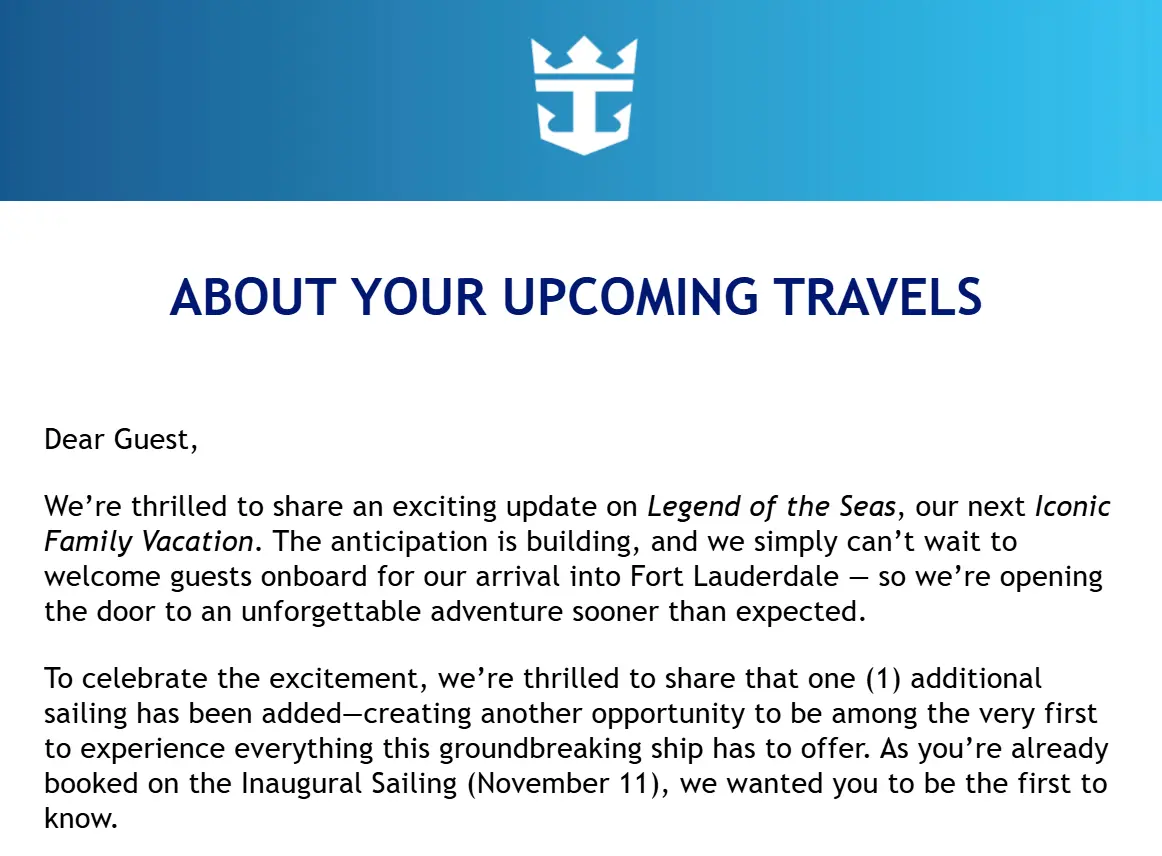 Email from Royal Caribbean