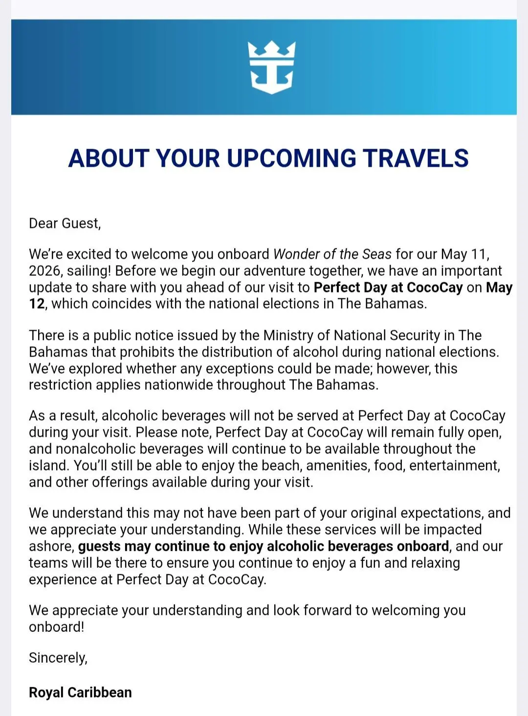 CocoCay Alcohol Ban Letter CocoCay Alcohol Ban Letter