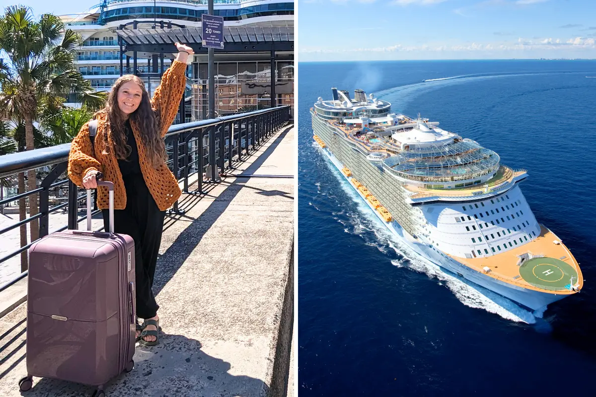 side by side image of Jenna posing with a suitcase and a cruise ship aerial