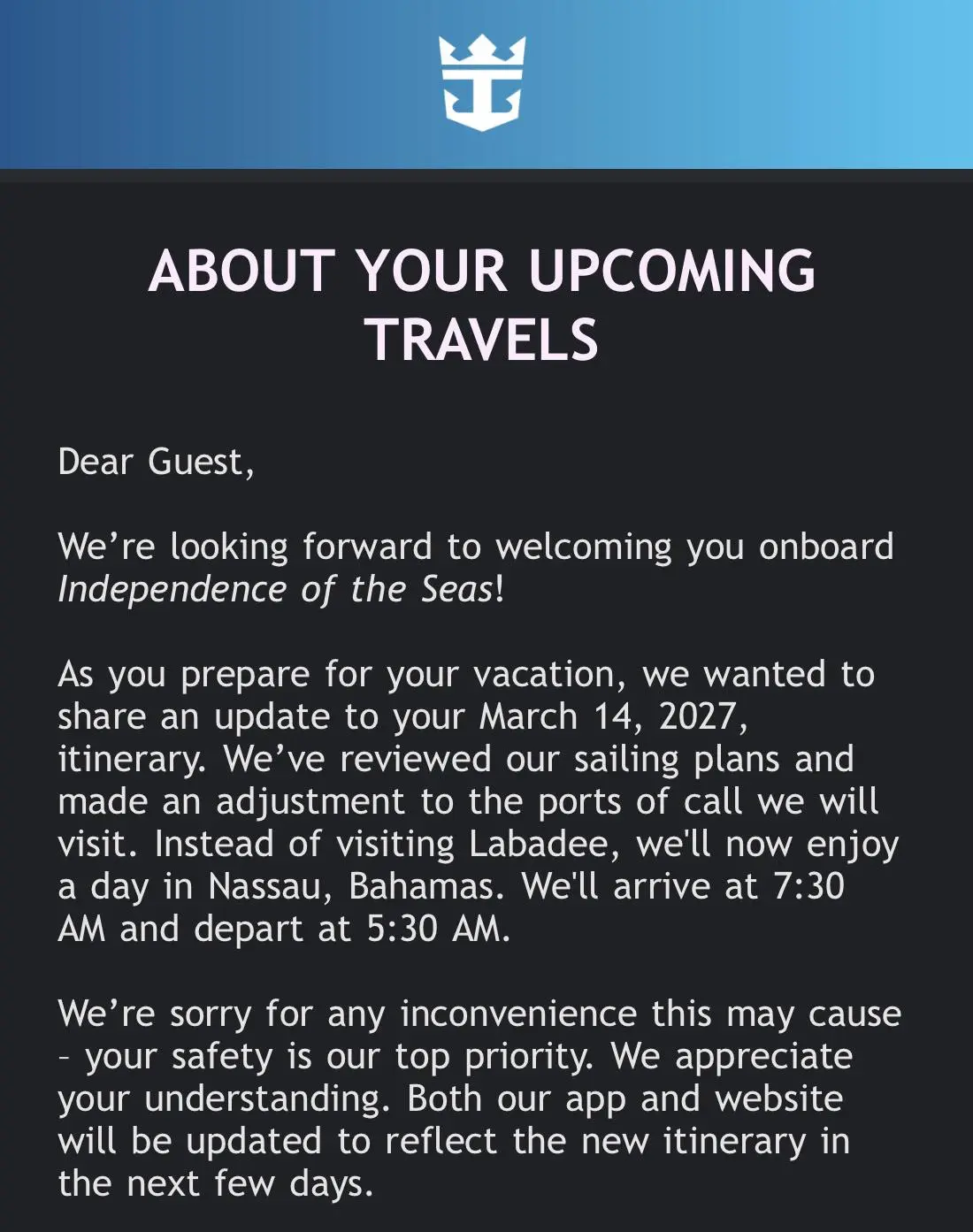 Itinerary Change, Indy Itinerary Change, Indy