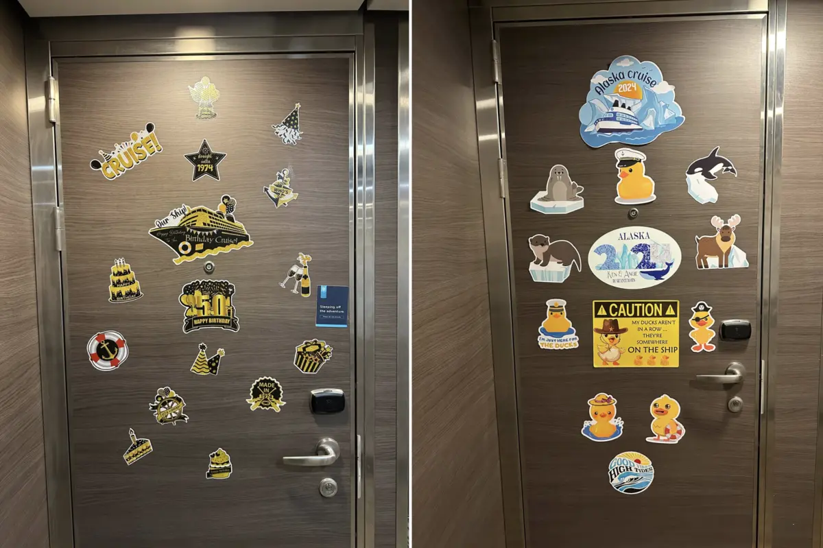 Two decorated cruise cabin doors on Quantum of the Seas 