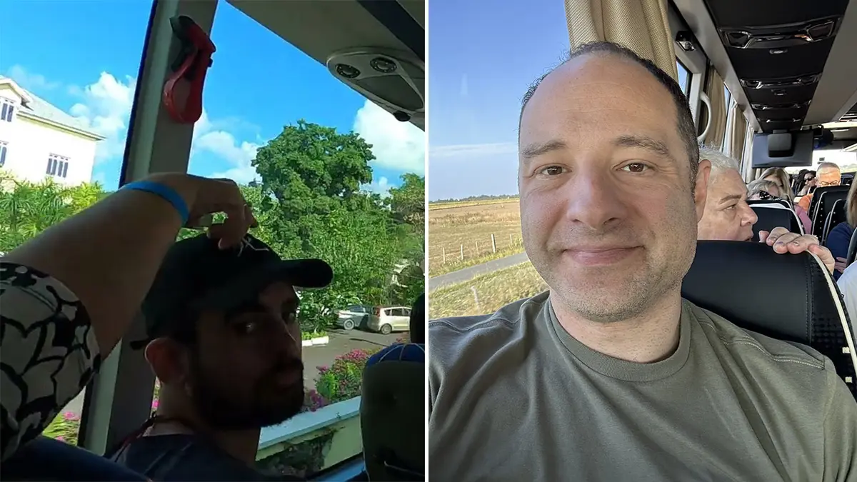 Man on bus, left. Matt on bus, right