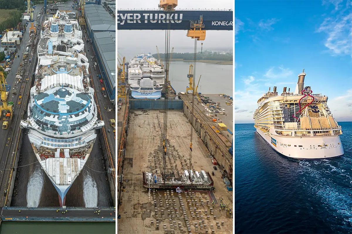 Left, Legend of the Seas. Center, Icon 4. Right, Oasis class ship