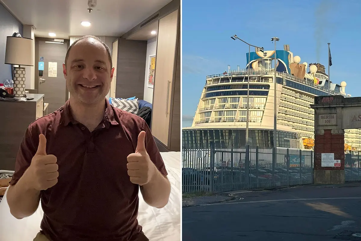 Man on bed in cruise ship cabin next to photo of Anthem of the Seas