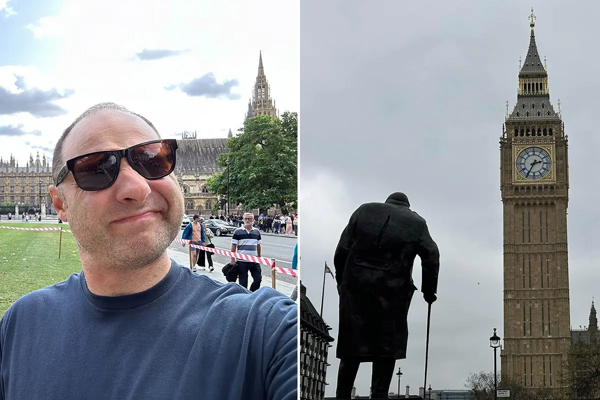 Writer on left next to photo of Big Ben