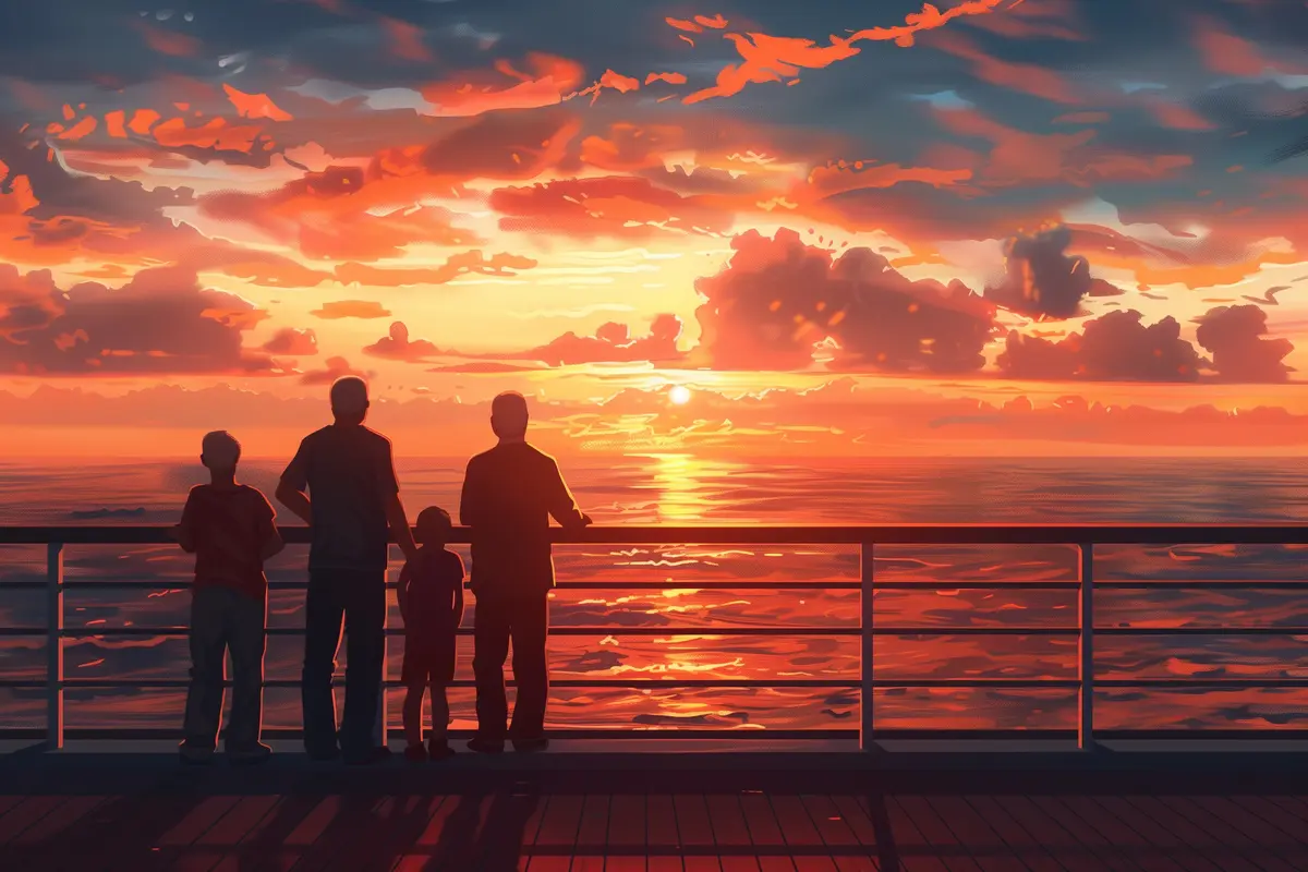 Family enjoying a sunset on a cruise