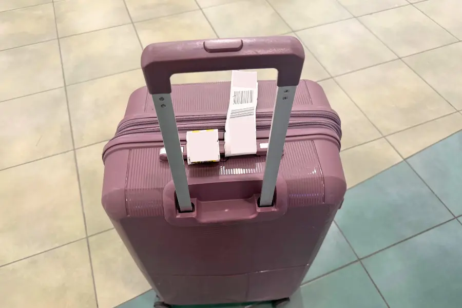 purple suitcase in airport