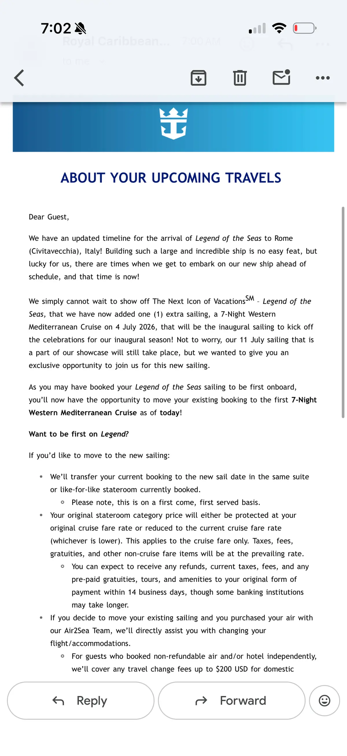 Email from Royal Caribbean