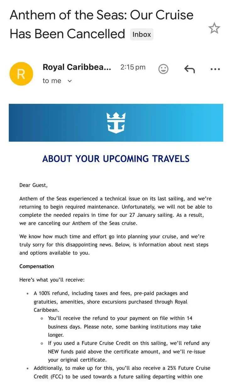 Cancelled cruise email