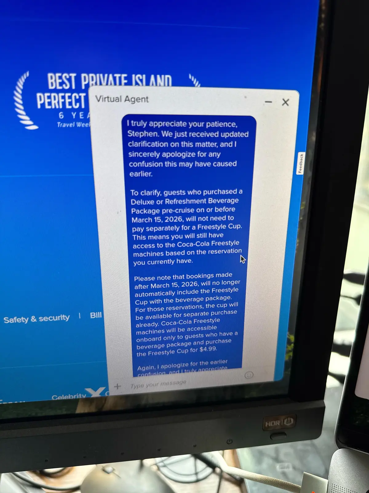 Screenshot of Royal Caribbean's soda cup terms Screenshot of Royal Caribbean's soda cup terms