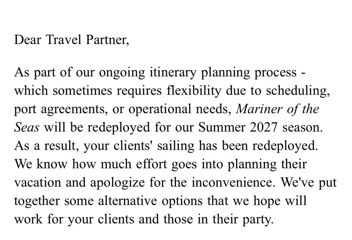 Email sent to travel agents