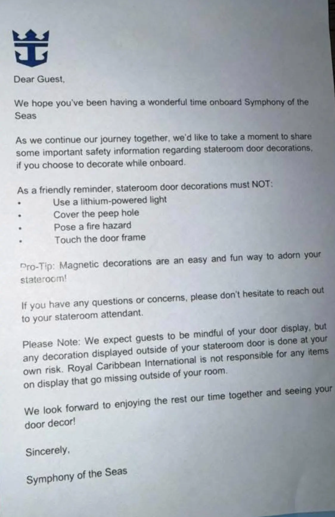 Letter sent to guests about decorating doors