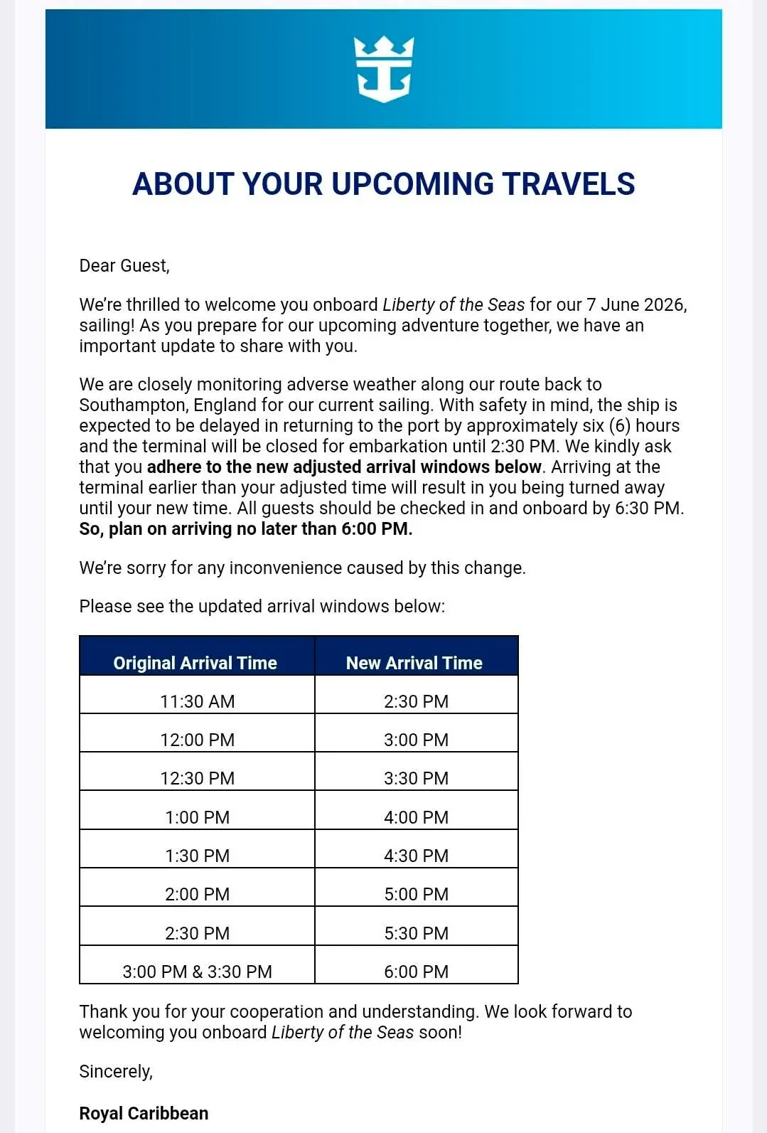 Liberty Delayed Embarkation Email Liberty Delayed Embarkation Email