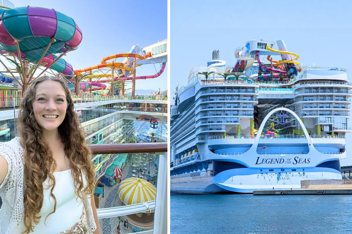 side by side image of Jenna taking a selfie on Legend of the Seas and Legend of the Seas exterior shot