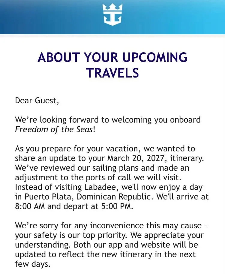 Itinerary Change, Freedom Itinerary Change, Freedom