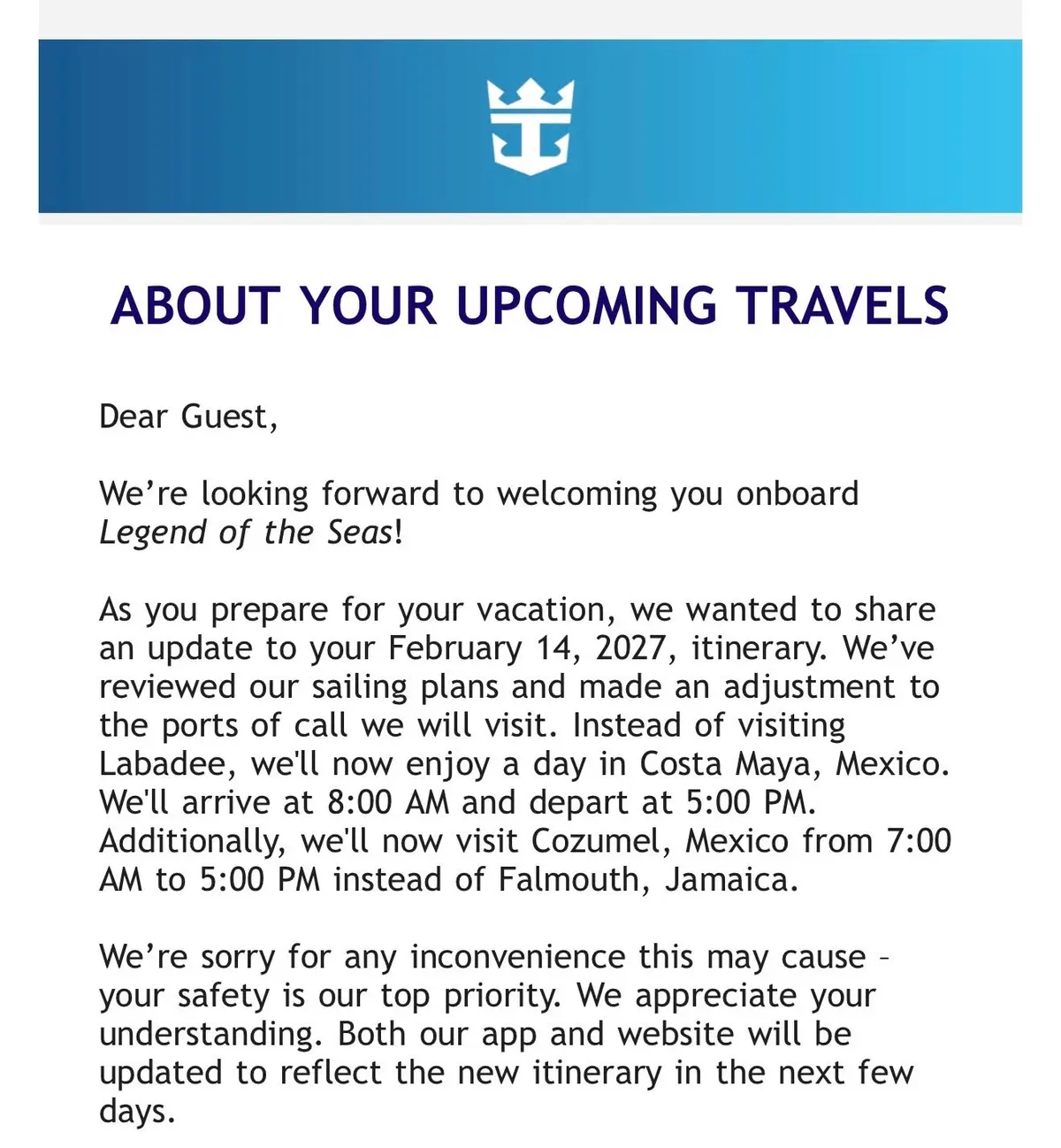 Legend Itinerary Change Legend Itinerary Change