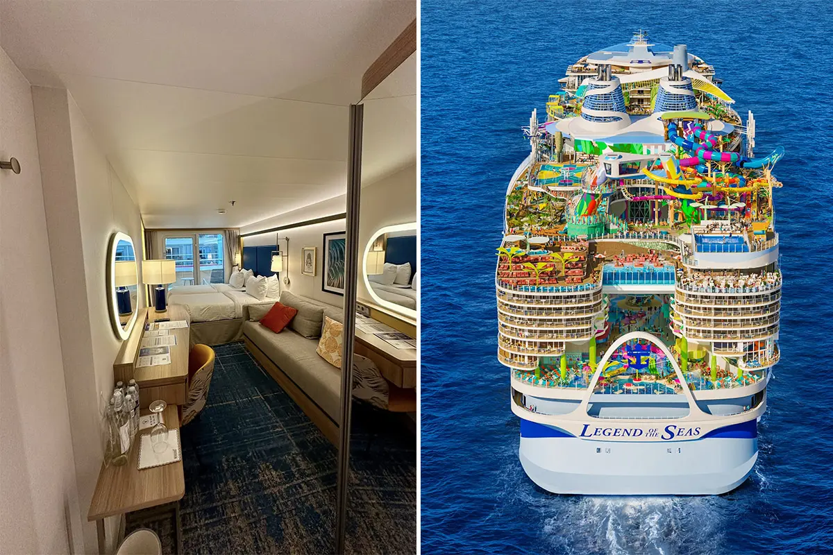 Balcony room, left. Legend of the Seas rendering, right